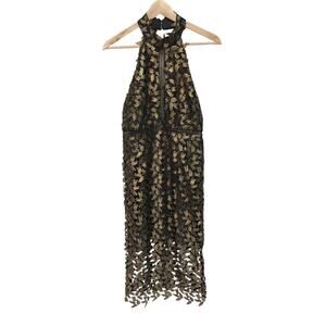 Bardot Halter Top Sheath Dress with Metallic Gold Leaf Overlay size 8